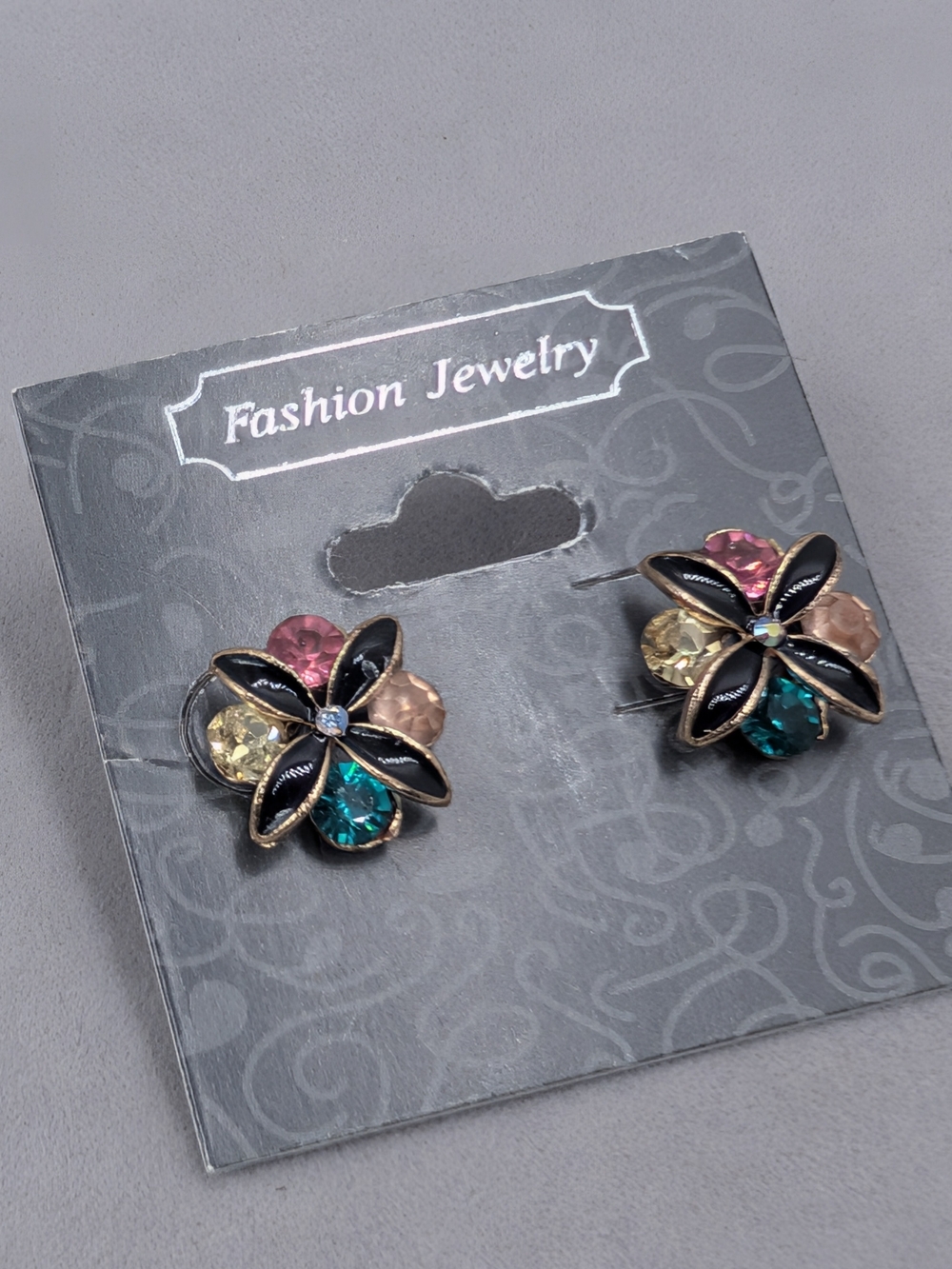 Black Enamel Flower Multicolor Rhinestone Pushback Stud Earrings | M273